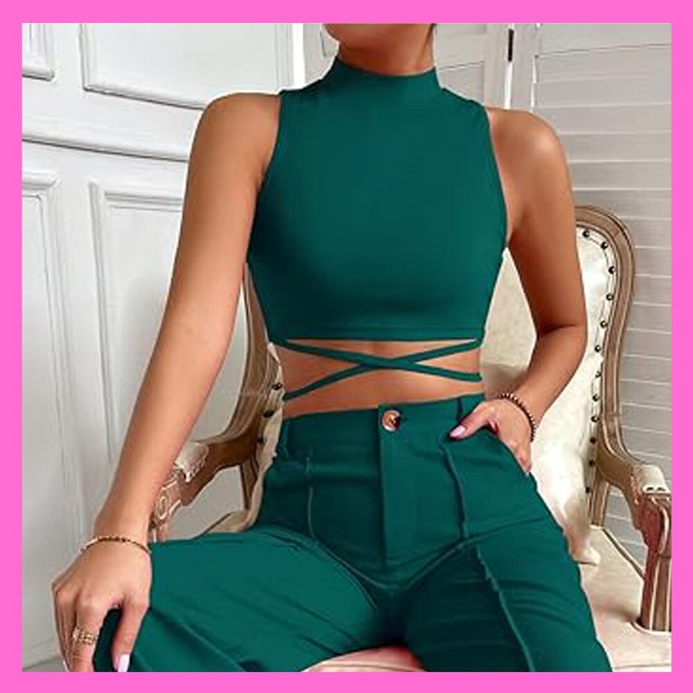 Women Mock Neck Criss Cross Crop Tank Top Straps Dark Green Blue - M